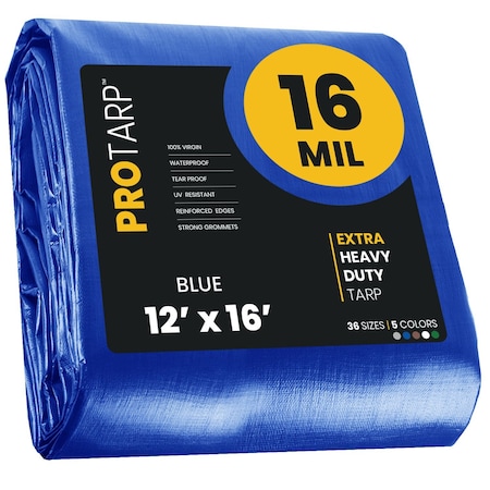 Protarp Heavy Duty Tarp, 12 ft x 16 ft, 16 Mil, Blue, Polyethylene, Waterproof, Rip and Tear Proof PT-105-12X16